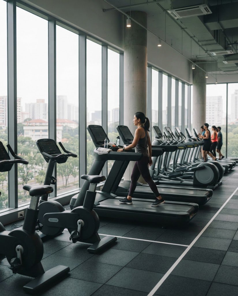 Row of commercial treadmills and exercise bikes in a Singapore gym.