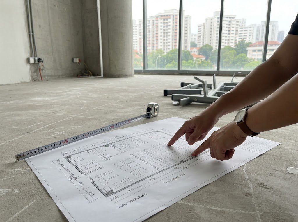 Gym layout drawing beside a tape measure on a Singapore site.
