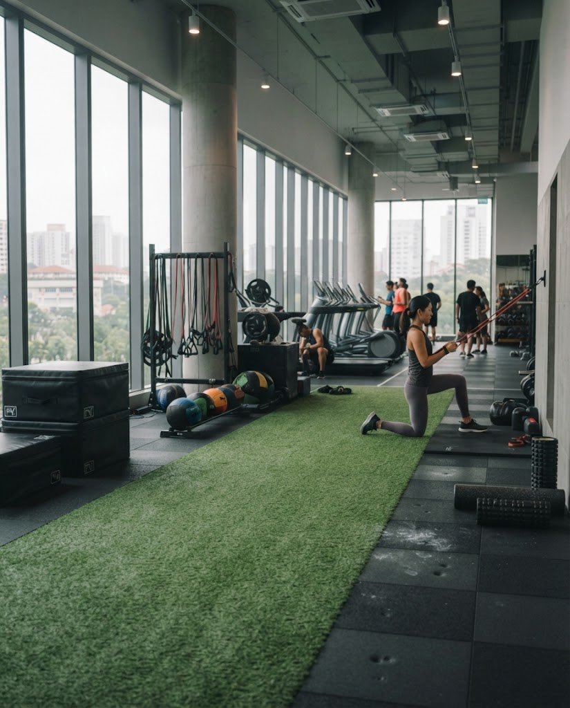 Functional training gear such as mats, resistance bands, medicine balls and rollers on a turf lane.