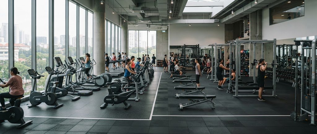 Wide shot of a fitted-out commercial gym floor in Singapore with racks, benches and cardio rows.