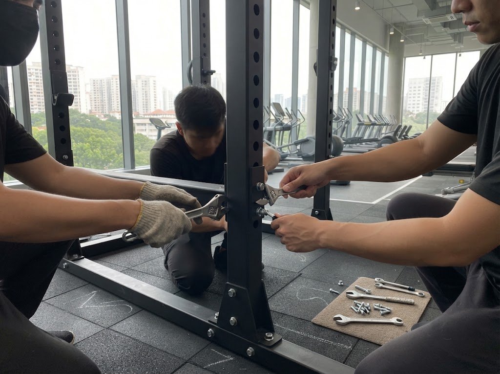 Installation crew bolting a power rack into place in a Singapore gym.