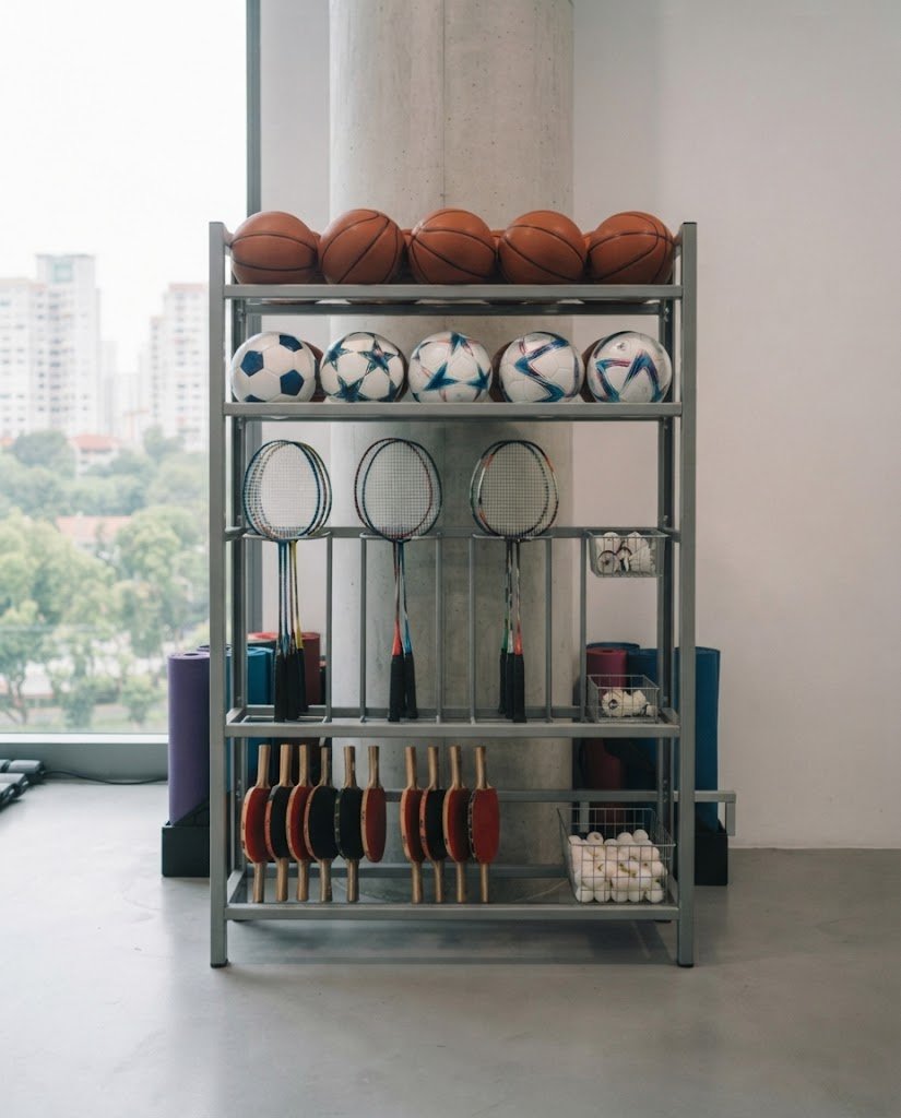 Recreational sporting goods such as balls, rackets and table-tennis equipment on a rack.