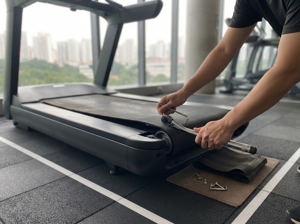 Technician replacing a treadmill belt during a maintenance visit.