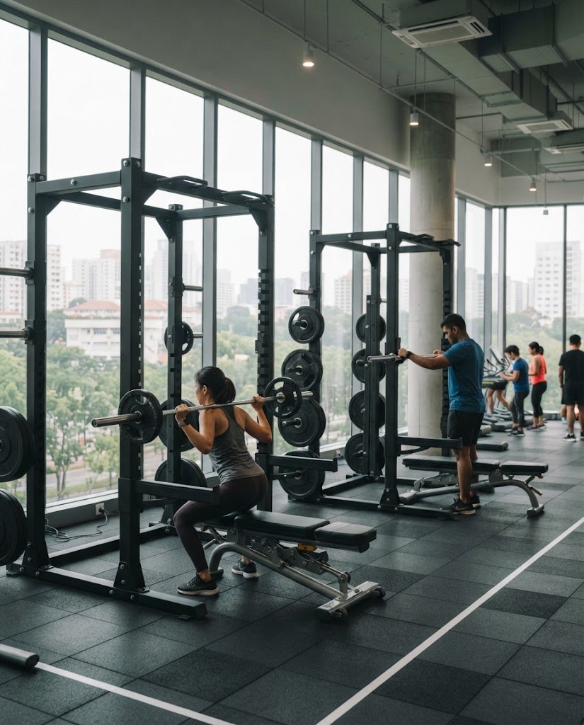 Strength training equipment including racks, barbells and loaded plate trees.